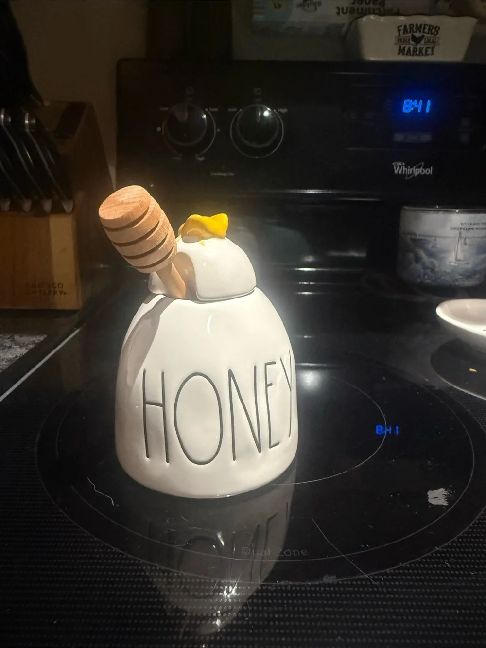 White Ceramic Tea Canister with Wood Lid, Tea mug, Teapot, honey w/ wood spoon. - Picture 6 of 16